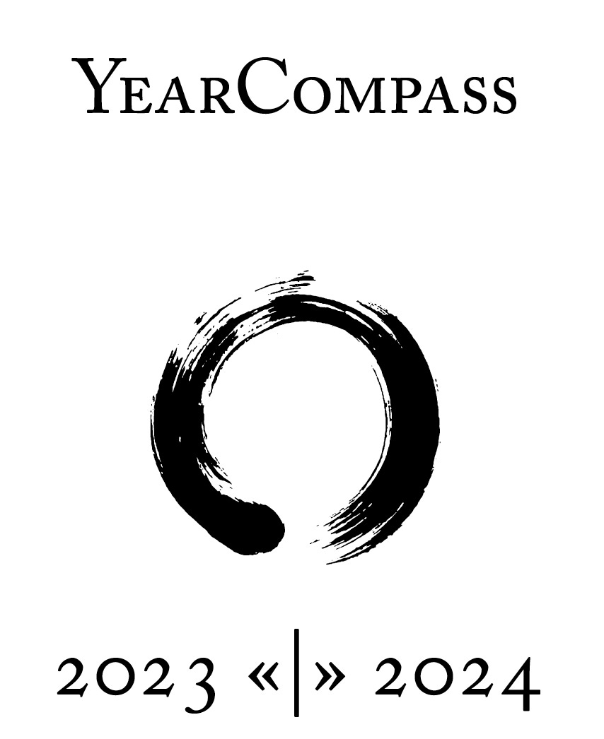Cover of YearCompass — black text on white with a brush-stroke almost closed circle; YearCompass at the top and 2023 << | >> 2024 at the bottom