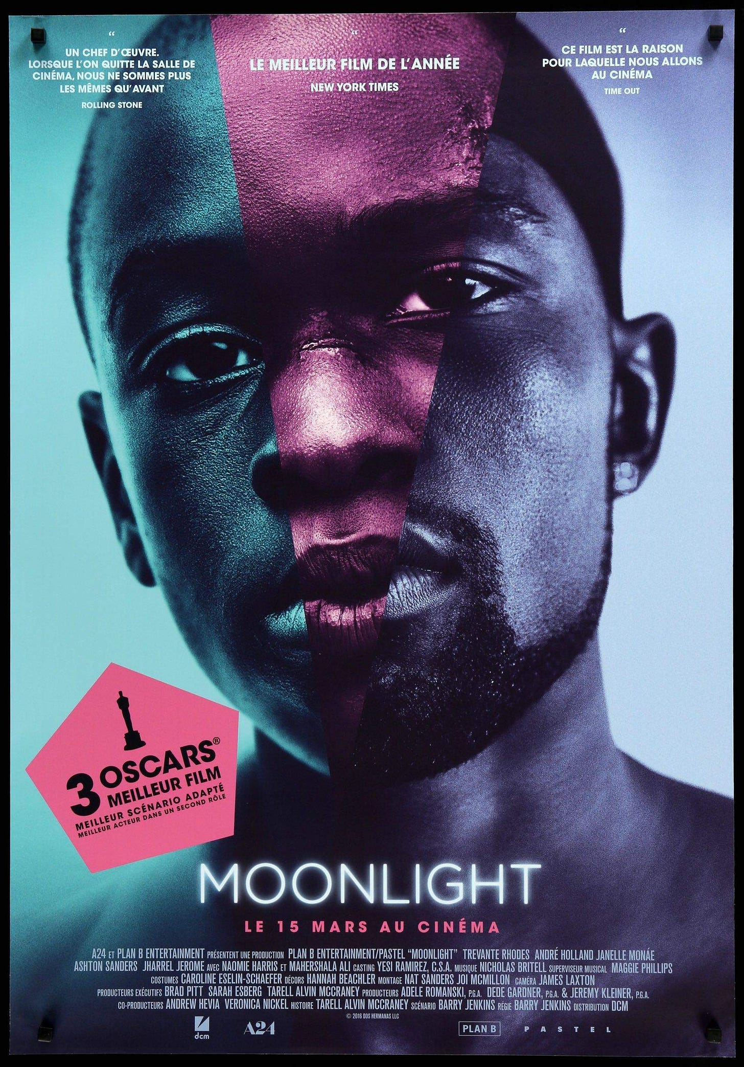 Movie poster for the film Moonlight, depicting the protragonist, a Black man, at three ages, a child, an adolescent, and an adult. 