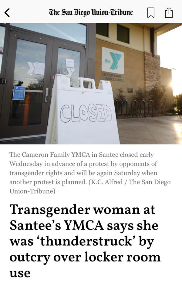 screenshot of San Diego Union-Tribune article with headline "Transgender woman at Santee's YMCA says she was 'thunderstruck' by outcry over locker room use"