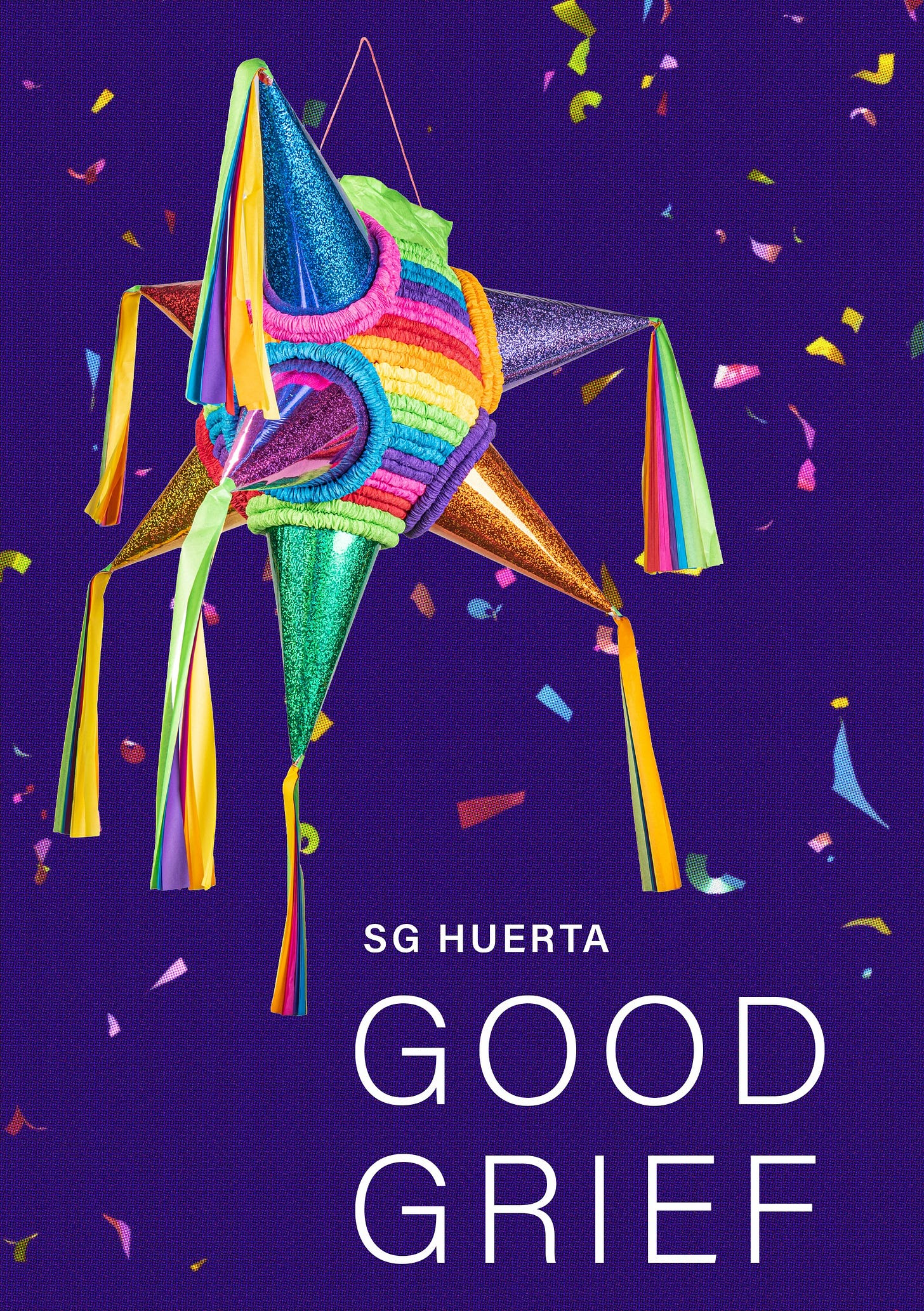 GOOD GRIEF by SG Huerta: a vibrant estrella piñata with colorful confetti on a deep purple background