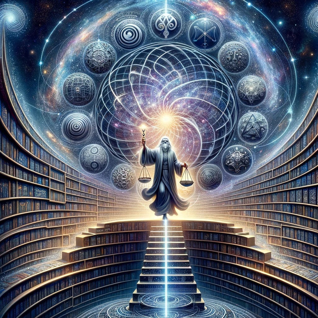 Visualize a vast spiraling library symbolizing the universe's knowledge, with each book a narrative of creation, chaos, and order. At the center is a figure akin to a sage, representing the wisdom of theological narratives fused with the insights of complexity theory. They wear glasses that emit an ethereal glow, denoting 'active inference glasses'. Surrounding the figure are Markov blankets depicted as translucent veils with symbols from Genesis, mathematical equations, and data vectors, merging symbolic interpretation with Bayesian inference. Above is a dynamic celestial dance with symbols for Space and Time interwoven through constellations. The figure stands on the Garden of Eden, which transitions into a fractal pattern, signifying interconnectedness from cellular to cosmic scales. In their hands, they hold scales balancing a heart and brain, symbolizing the dichotomies of heaven vs. earth and theory vs. fact, connected by a light beam piercing through the Markov blankets. The image incorporates reimagined elements from Michelangelo’s Creation of Adam and William Blake's Jacob's Ladder, with caterpillars and butterflies framing the borders, alluding to transformation and metamorphosis across time and space, representing the essay's theme of ancient wisdom and modern scientific thought converging towards unity and knowledge.