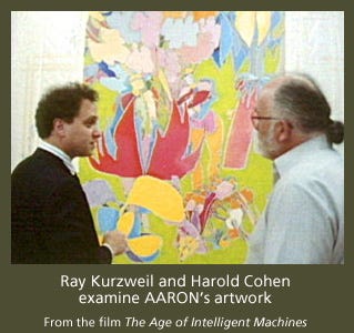 Ray Kurzweil and Harold Cohen in front of artwork by AARON.