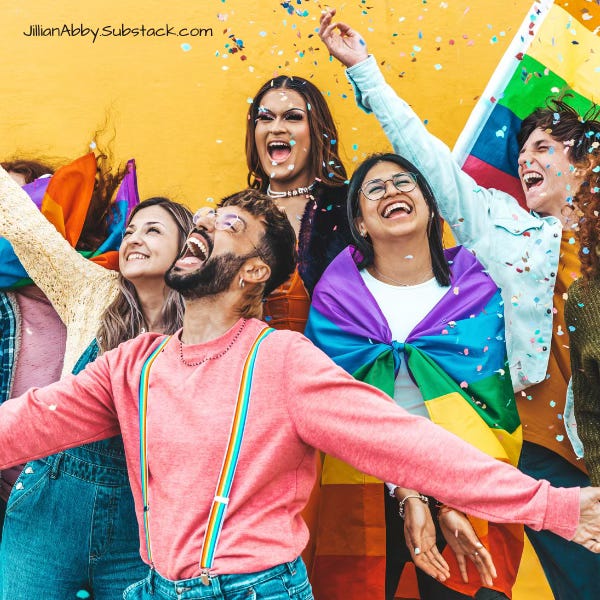 A huge queer party with people of all identities and orientations, throwing confetti and spreading joy!