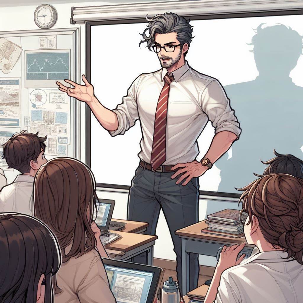 A self-important gamma male stands at the front of a classroom giving a lecture.
