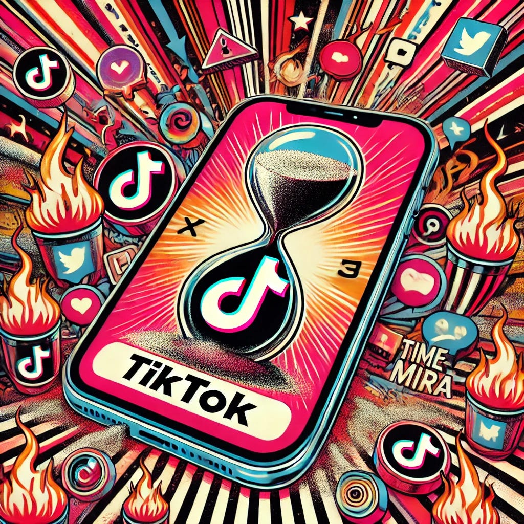 A bold pop-art style illustration titled 'TikTok en la Mira'. The image features the TikTok logo prominently on a large smartphone, surrounded by an abstract clock of sand representing time running out. Short videos are dissolving into grains of sand, with dramatic arrows pointing down to signify a decline. The background includes fiery elements and a swirling mix of social media icons, highlighting the chaos and controversy. Vibrant colors like red, black, and neon pink dominate, giving a sense of urgency and drama.