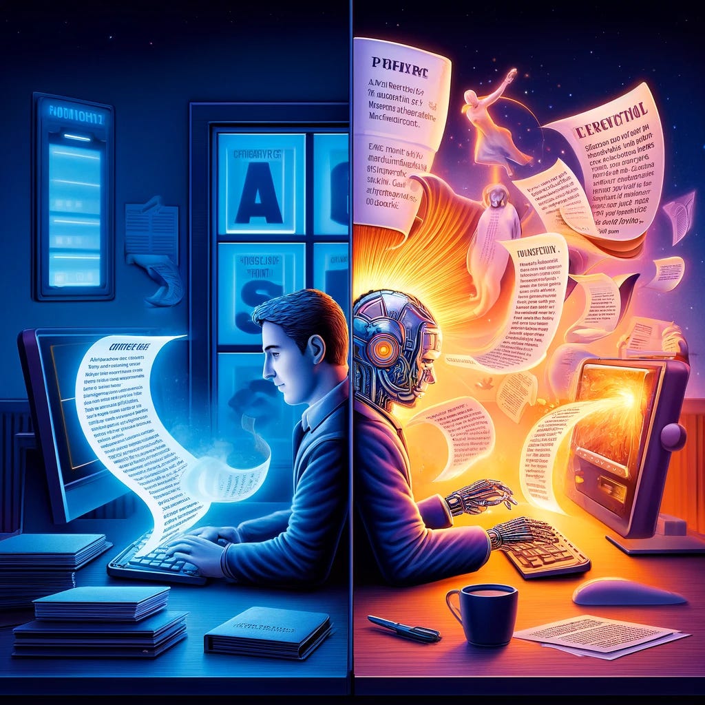 A conceptual illustration showing the difference in public perception between AI-generated and human-crafted content. The scene is divided into two parts: On one side, a writer (Joshua Gans) is intensely working at his desk, surrounded by books and papers, symbolizing deep thought and personal effort. On the other side, an AI (represented as a computer with a glowing screen) effortlessly produces content, with text flowing out like a printout. The contrast highlights the value of human effort and creativity in content creation, reflecting the audience's preference for work that shows tangible human input and dedication.