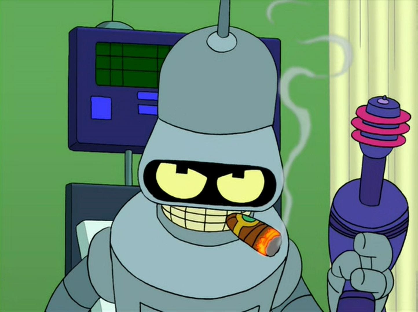 bender, the robot from futurama, smoking a cigar and brandishing some sort of laser gun