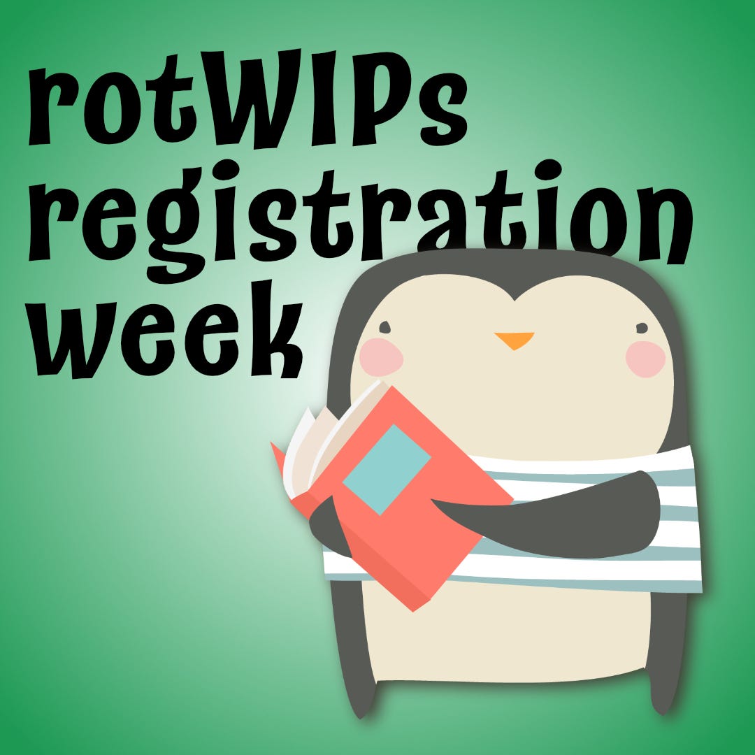 a cartoon penguin reading a book with rotWIPs registration week in text