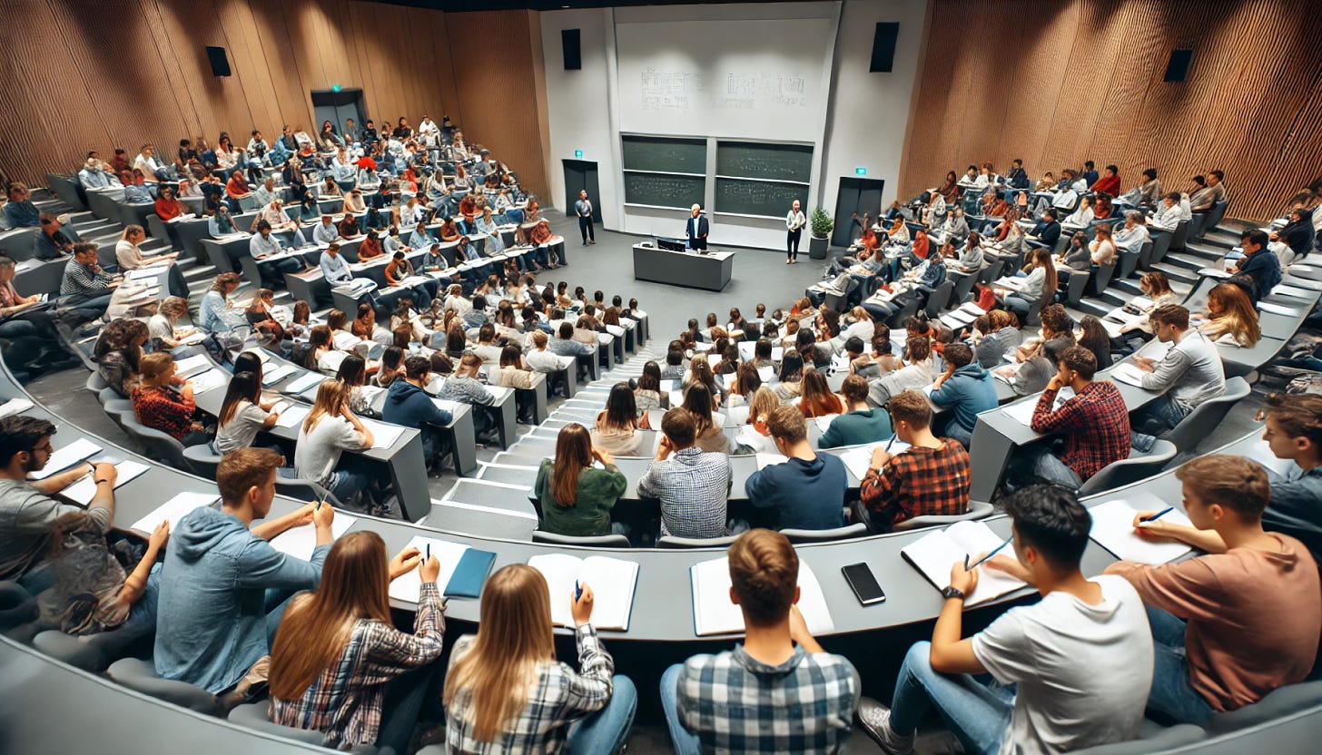 A large university auditorium filled with students sitting in rows of seats, attentively listening to a professor giving a lecture. The students are scribbling notes on their notebooks or laptops, some are leaning forward, fully engaged. The professor stands at the front of the room near a whiteboard or projector screen, speaking while gesturing towards the material. The setting feels academic with modern seats, tiered rows, and plenty of natural light coming from large windows, creating an atmosphere of focus and learning.