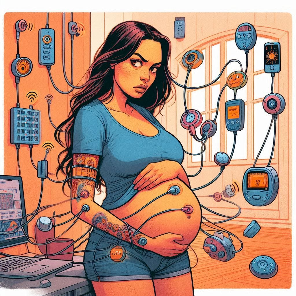 pregnant latina slightly annoyed hooked up to all kinds of sensors in her house, solarpunk drawing