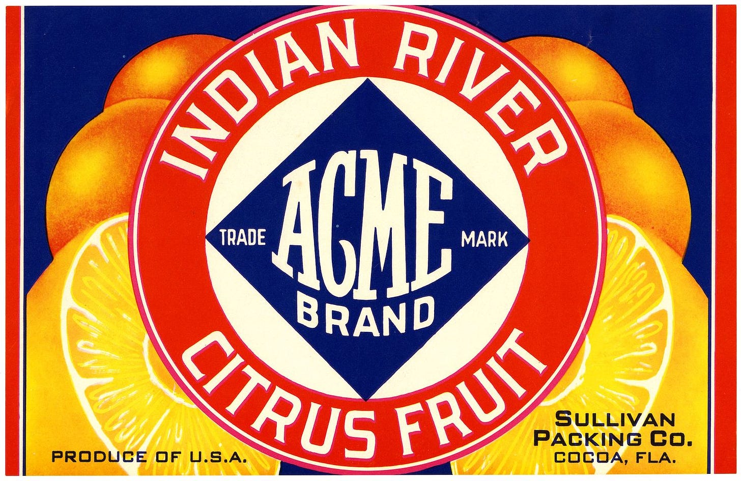 Oranges against a blue background with the Acme Brand logo