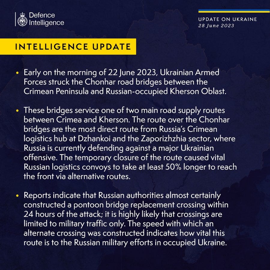 Latest Defence Intelligence update on the situation in Ukraine - 28 June 2023. Please read thread below for full image text.