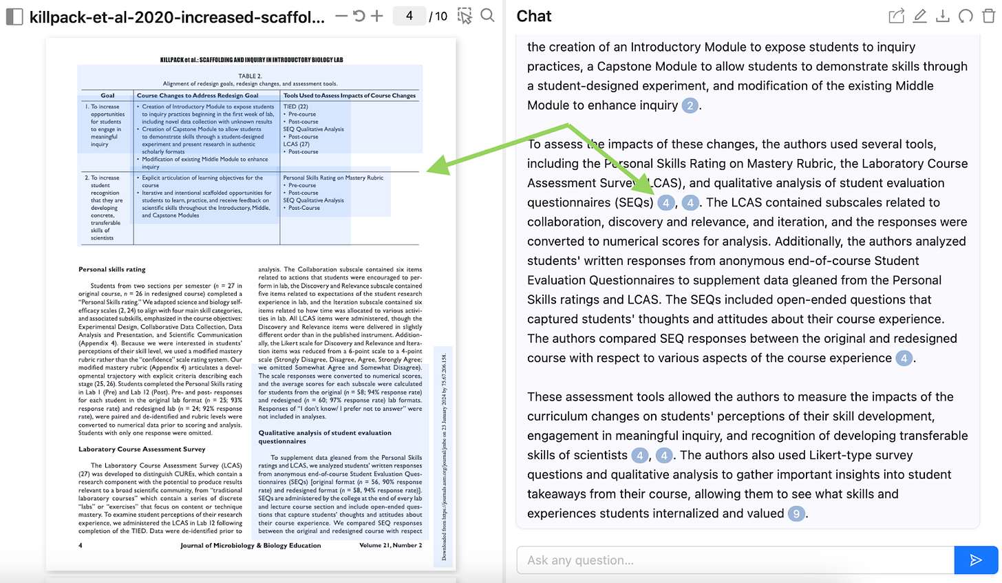 This image is a screenshot of a PDF document showing part of an academic article. The section visible in the screenshot discusses scaffolding and equity in an introductory biology lab. It includes a table titled "Alignment of redesign goals, strategies, and assessment tools." Below the table, there's a section with a heading "Personal skills rating" explaining a method for rating students' personal skills, and another section titled "Laboratory Course Assessment Survey" describing the survey used to assess students' perceptions in the lab. On the right, there's a chat panel with an open text box for input. The document includes annotations and highlights, emphasizing specific parts of the text related to assessment tools and methods used to measure the impact of course changes on students' skills and perceptions.
