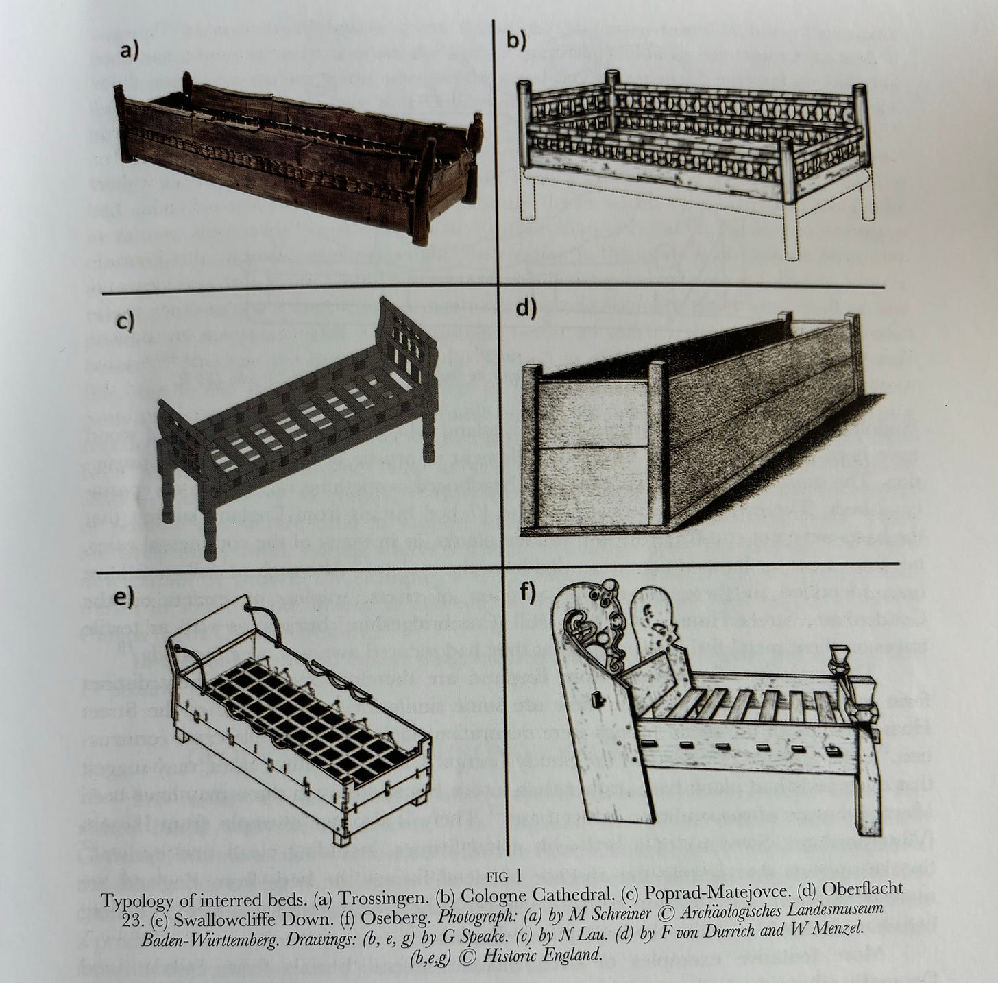 Six sketches of wooden beds, some with lattice in the centre of the frame for holding a mattress. Beds from a range of burials across northern Europe.