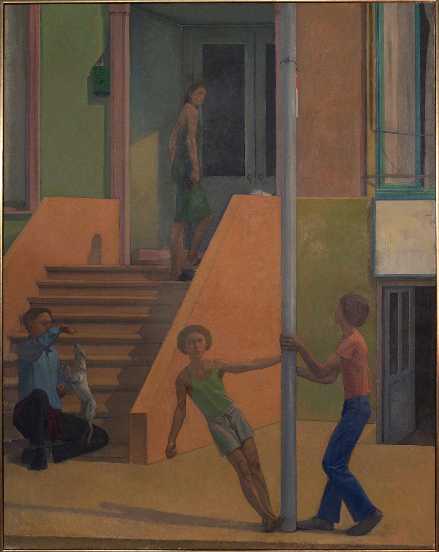 A street scene with a woman at the top of a stoop looking over her shoulder toward boys on the sidewalk hanging off a lamp post and a man seated on the lower steps enticing a dog to jump toward his hand.