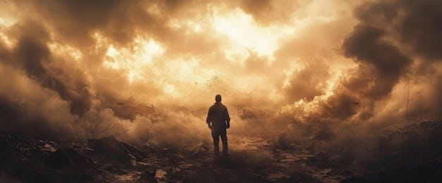 A lone soldier surveys the desolate battlefield shrouded in swirling smoke  and billowing flames as t | Premium AI-generated image
