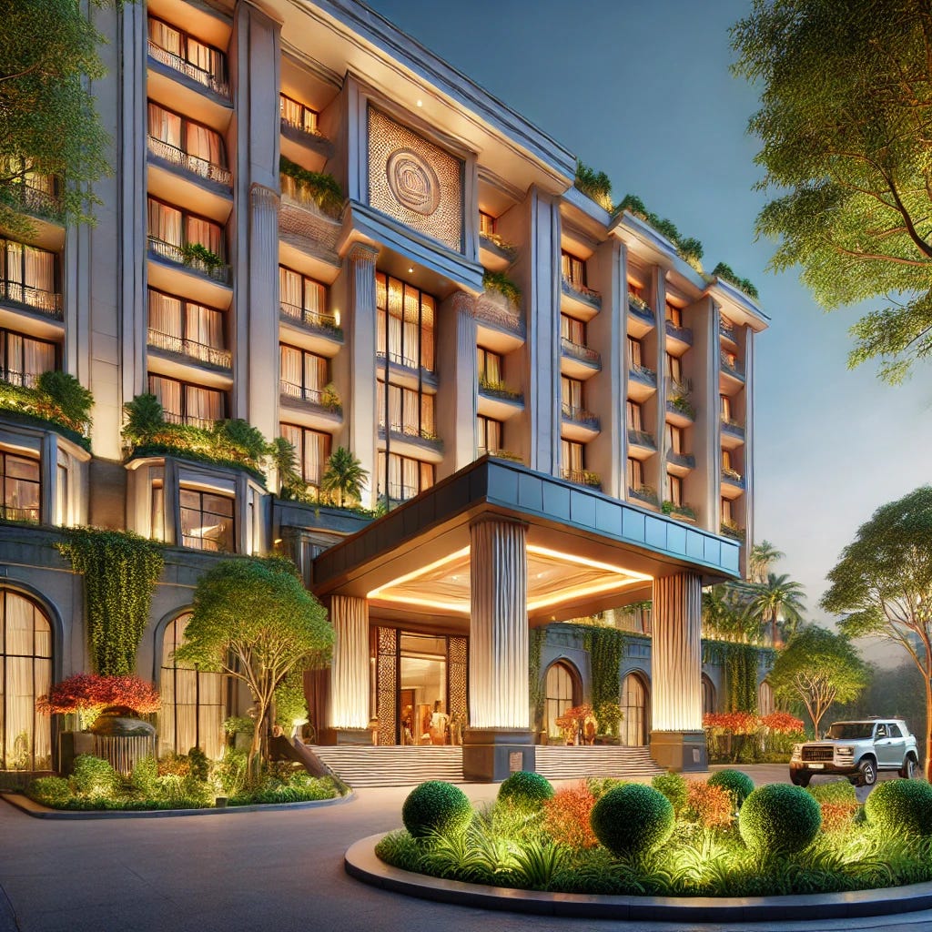An upscale hotel in Pune with a mix of modern and traditional architecture, featuring a grand entrance, lush greenery, and a welcoming lobby. The hotel should have a luxurious exterior, with large glass windows, elegant columns, and a well-maintained garden. The ambiance is serene yet opulent, with warm lighting and high-end decor.