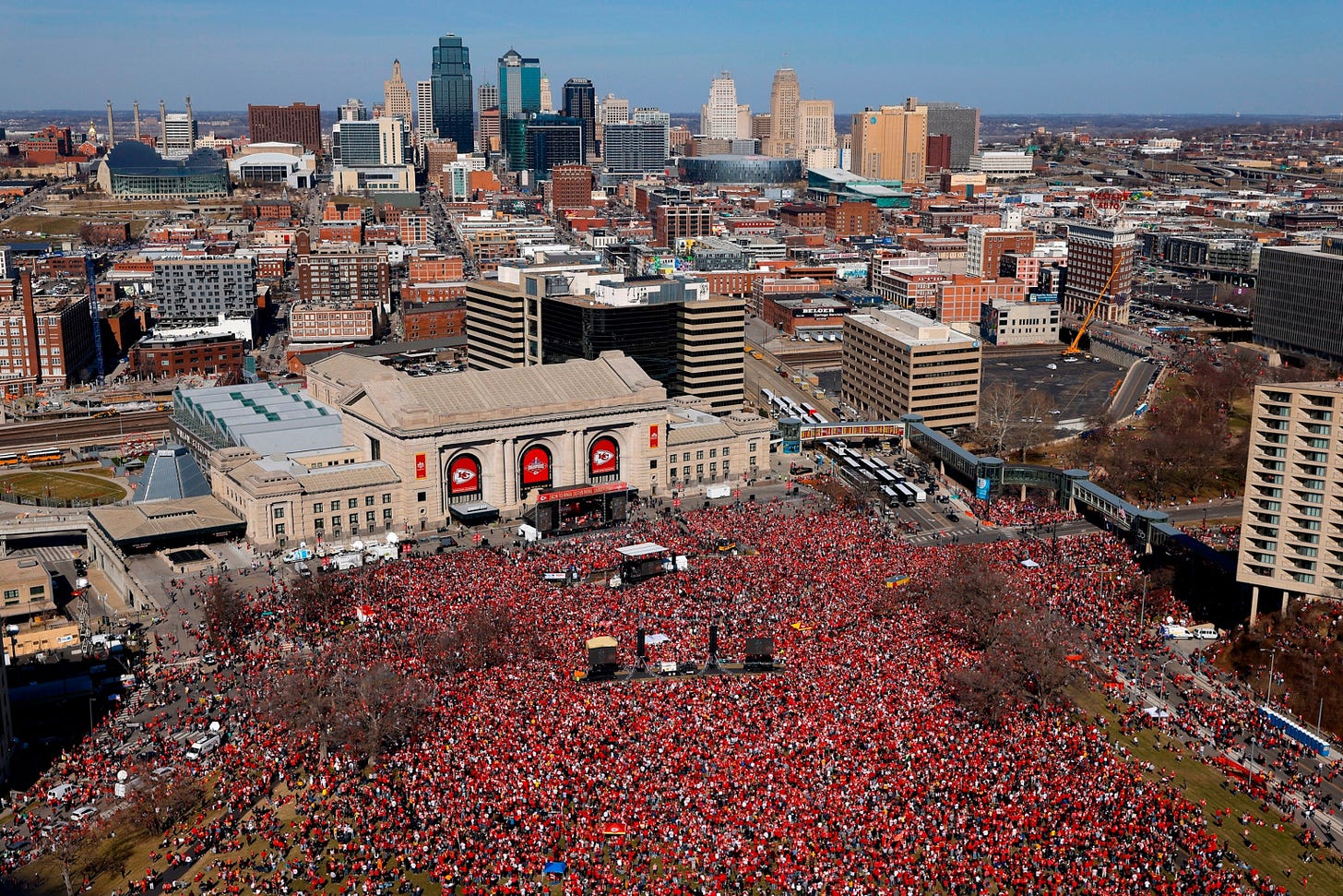 PHOTO: A general view of Kansas City Chiefs fans gathered at Union Station during the Kansas City Chiefs Super Bowl LVIII victory parade, on Feb. 14, 2024, in Kansas City, Missouri.