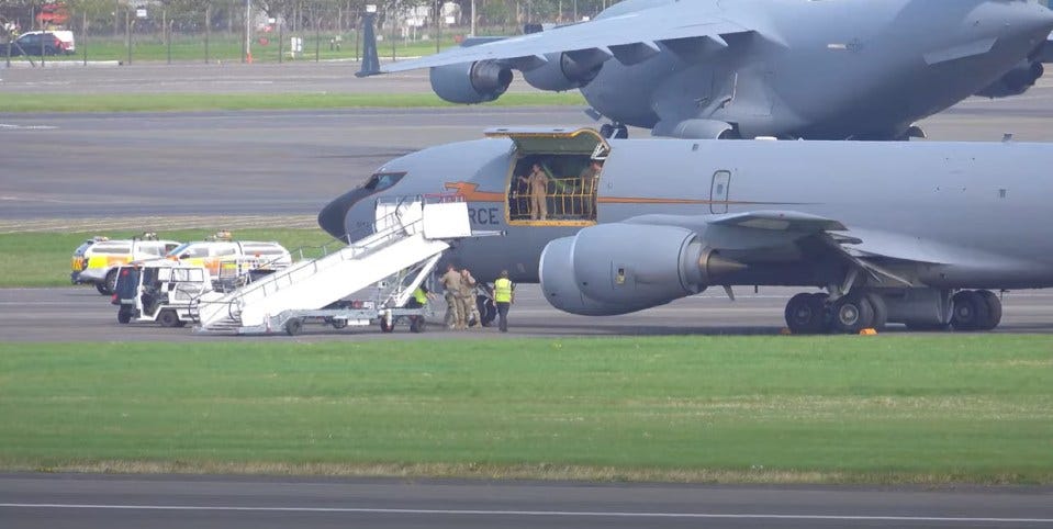 Four USAF Boeing KC-135 Stratotankers landing at Prestwick Airport.