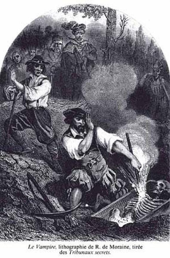  Lithograph showing townsfolk burning the exhumed skeleton of an alleged vampire, 1864, by R. de Moraine. (Public Domain)