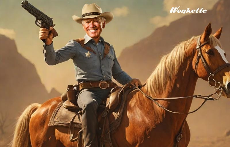 an AI illustration of Joe Biden as a cowboy on a horse, holding a big six-shooter and wearing a sheriff's badge
