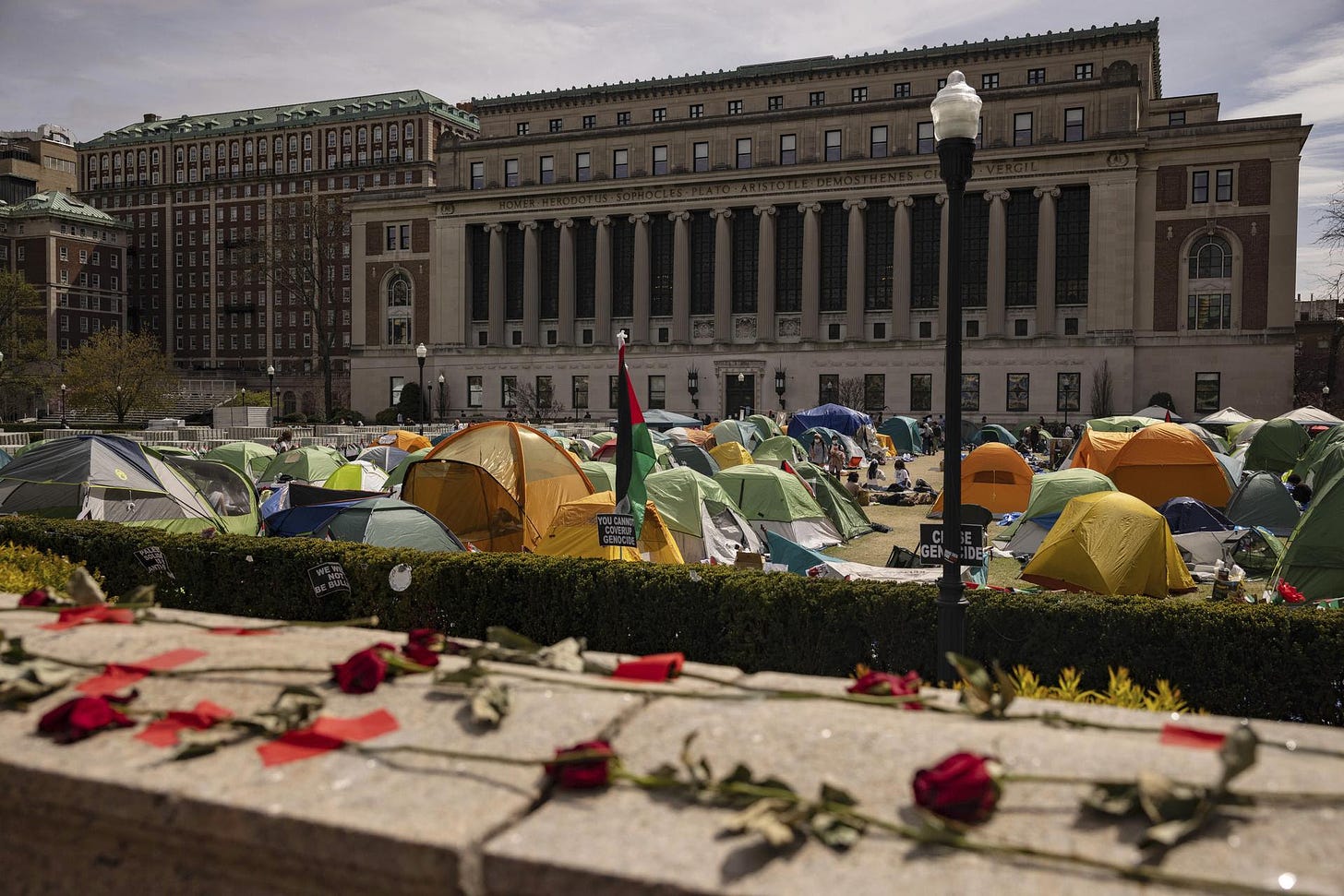Pro-Palestinian protesters camp out in tents at Columbia University.