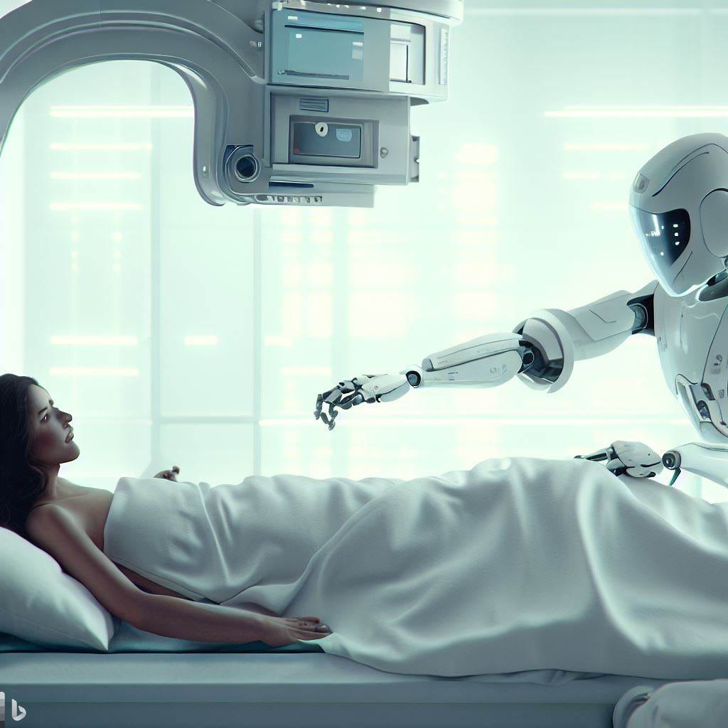 Artificial intelligence and robotics are on the verge of mass production. It's only a matter of time before we all have intelligent robots in our houses. A robot helping a woman in the hospital.