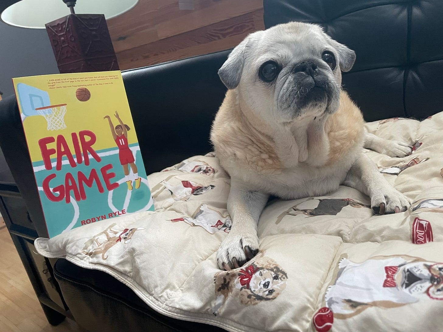 Pug on a blanket next to a copy of FAIR GAME