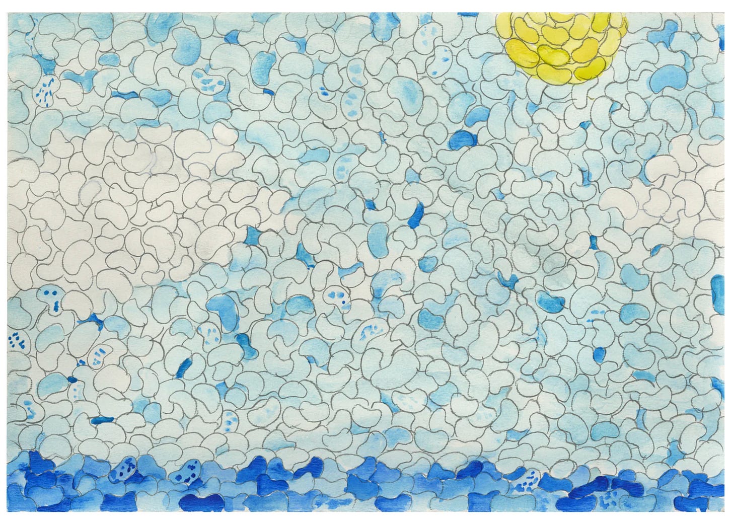 A blue and white sky with a yellow sun and deep blue ocean made from a mosaic of jellybean shapes outlined in grey. The sky encompasses most of the artwork with a small ribbon of ocean at the bottom. The half-sun semi-circle is shining in the top right.