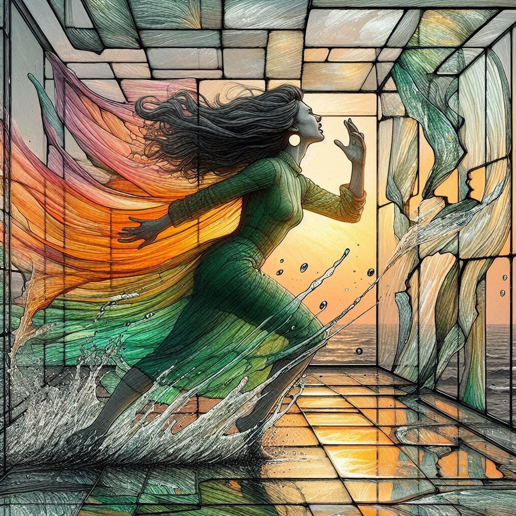 inside glass structure; 5d angle glass embedded Altgeld hall building/ Broken into fragments/ woman, poised in a fighting stance, angst; in front of  Altgeld hall in olive, chartrues, dress /collar made of black water in resin/long black hair falling into her face. coral orange, pink, cream, olive address/earrings made of moons aglow/ reverberating waves. black hole in floor/ water in resin verdigris/ In the style of Michael Parkes. black etching/ black linework/ black sky 
