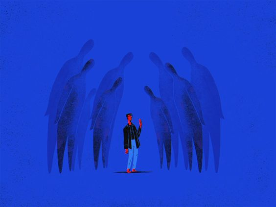 This may contain: a man standing in front of an angel formation