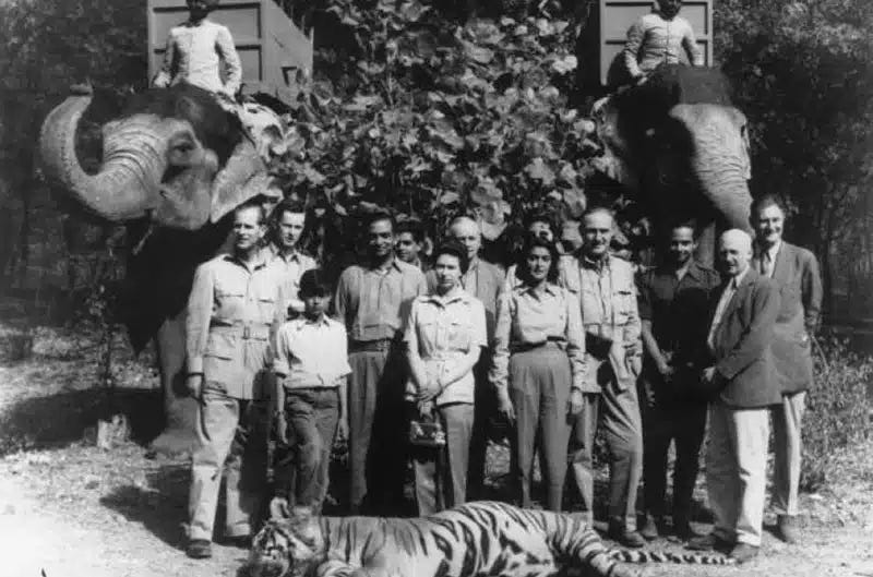 Prince Philip and Queen Elizabeth stand over tiger Philip murdered in India in 1961