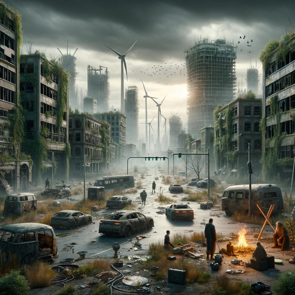 A dystopian cityscape devoid of fossil fuels, depicting a bleak future. The scene features dilapidated buildings, overgrown with vegetation, under a gloomy, overcast sky. Streets are filled with abandoned electric vehicles, their batteries long dead. Citizens, in tattered clothes, gather around a makeshift fire burning scraps for warmth. In the background, wind turbines stand still, broken and unused. The overall mood is one of abandonment and despair, emphasizing a world struggling without conventional energy sources.