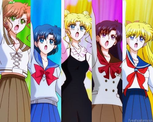 A Sailor Moon screencap of five characters with the exact same facial model