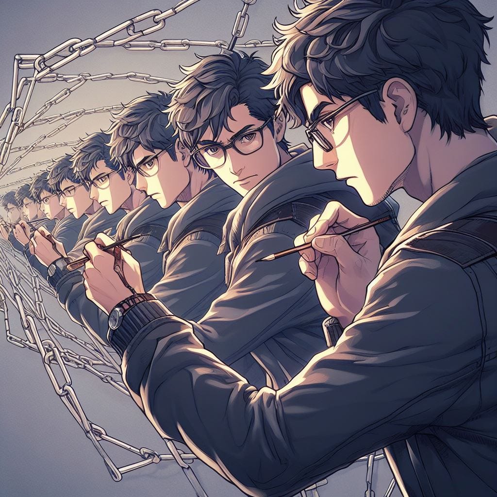 "Key art for an anime titled "BOND BREAKER". Mysterious, recursive, Escherian art, chain and art themed. A young italian man with dark hair wearing glasses and a dark grey jacket is drawing multiple versions of himself, who are drawing him."