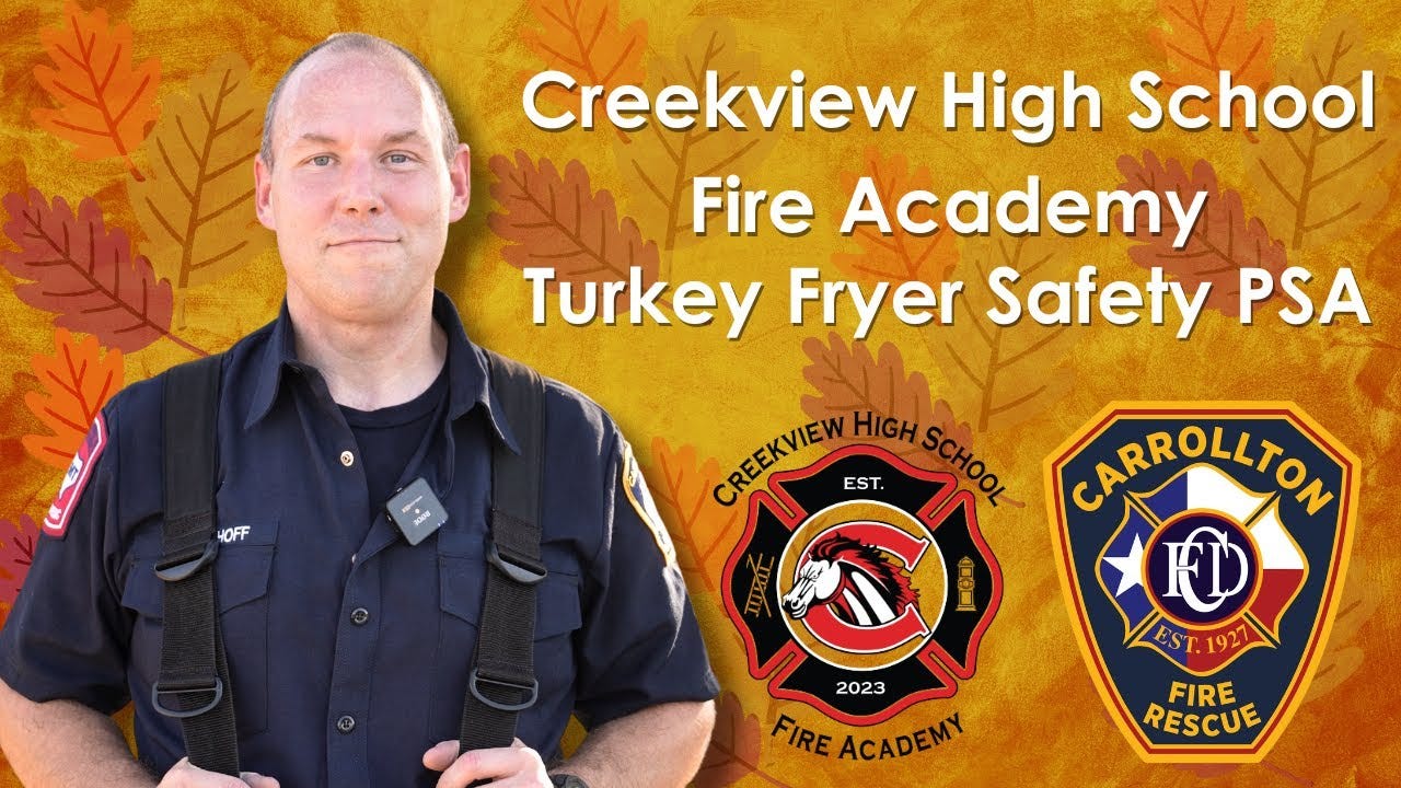 A white male firefighter next to the logos of Creekview High School's Fire Academy and the Carrollton Fire Rescue Department