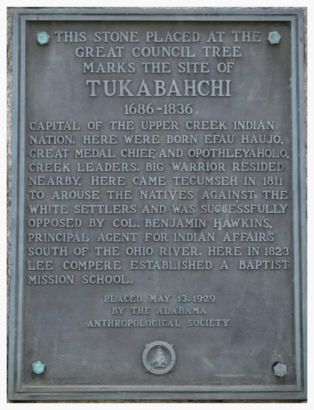 Old Tukabahchi marker, Tallassee, Elmore County, Alabama