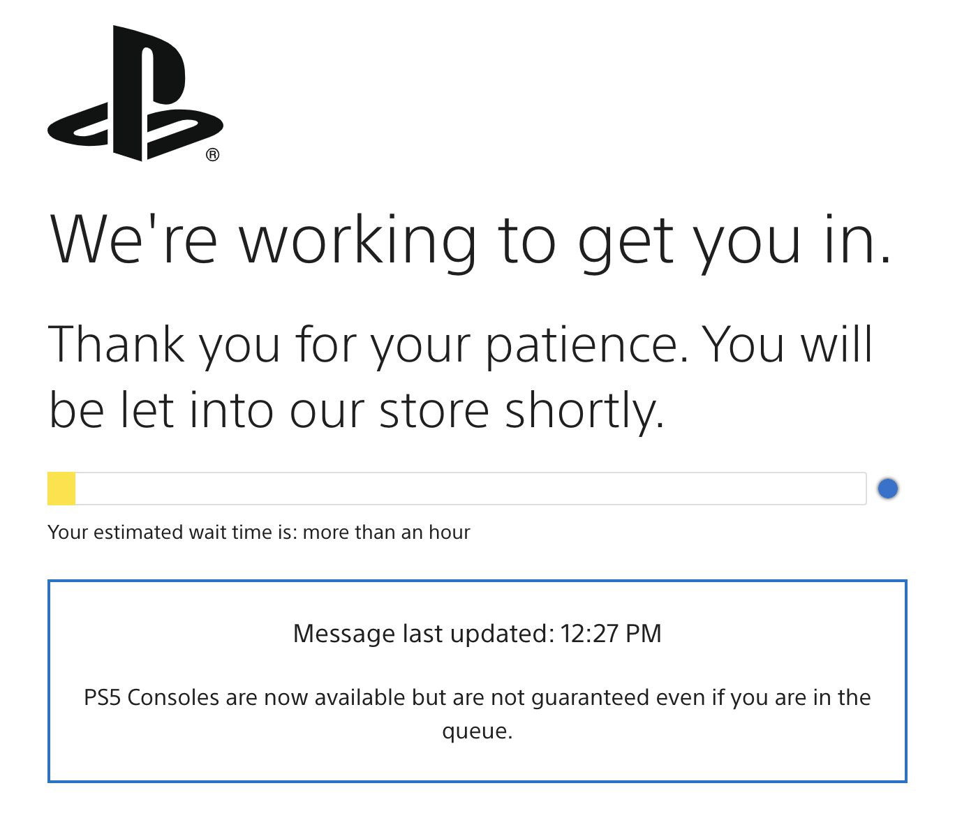 Matt Swider (The Shortcut) on X: "PS5 is back in stock, but this Sony  Direct restock virtual queue is not distanced. It's crowded. Anyone have  luck? https://t.co/8uX1T8NElL" / X