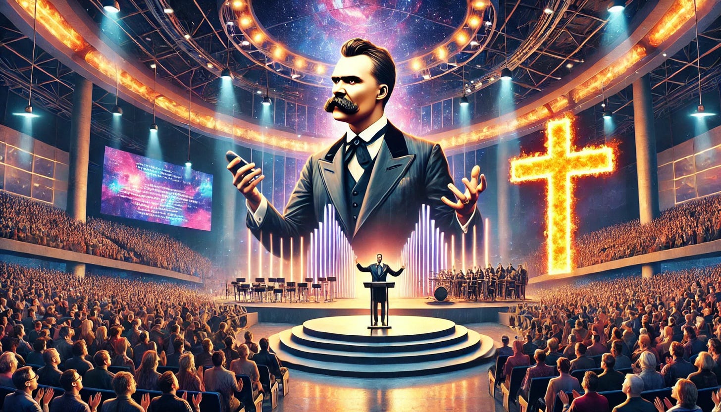 A surreal digital painting of Friedrich Nietzsche standing on the stage of a modern megachurch, delivering a fiery sermon to a massive audience. Nietzsche, in full color with his iconic mustache and piercing gaze, wears a sleek, modern preacher’s suit, gesturing dramatically as he speaks. Behind him, a large illuminated cross dominates the stage, contrasting with the spectacle. The church is filled with neon lights, giant screens, and an extravagant stage setup. The congregation is enraptured, some raising their hands, others taking notes as if he were a charismatic televangelist. The atmosphere is electric, blending philosophy and religious spectacle in a visually striking scene. 