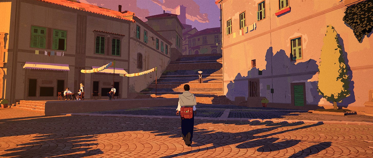 A person walking through an Italian-style town