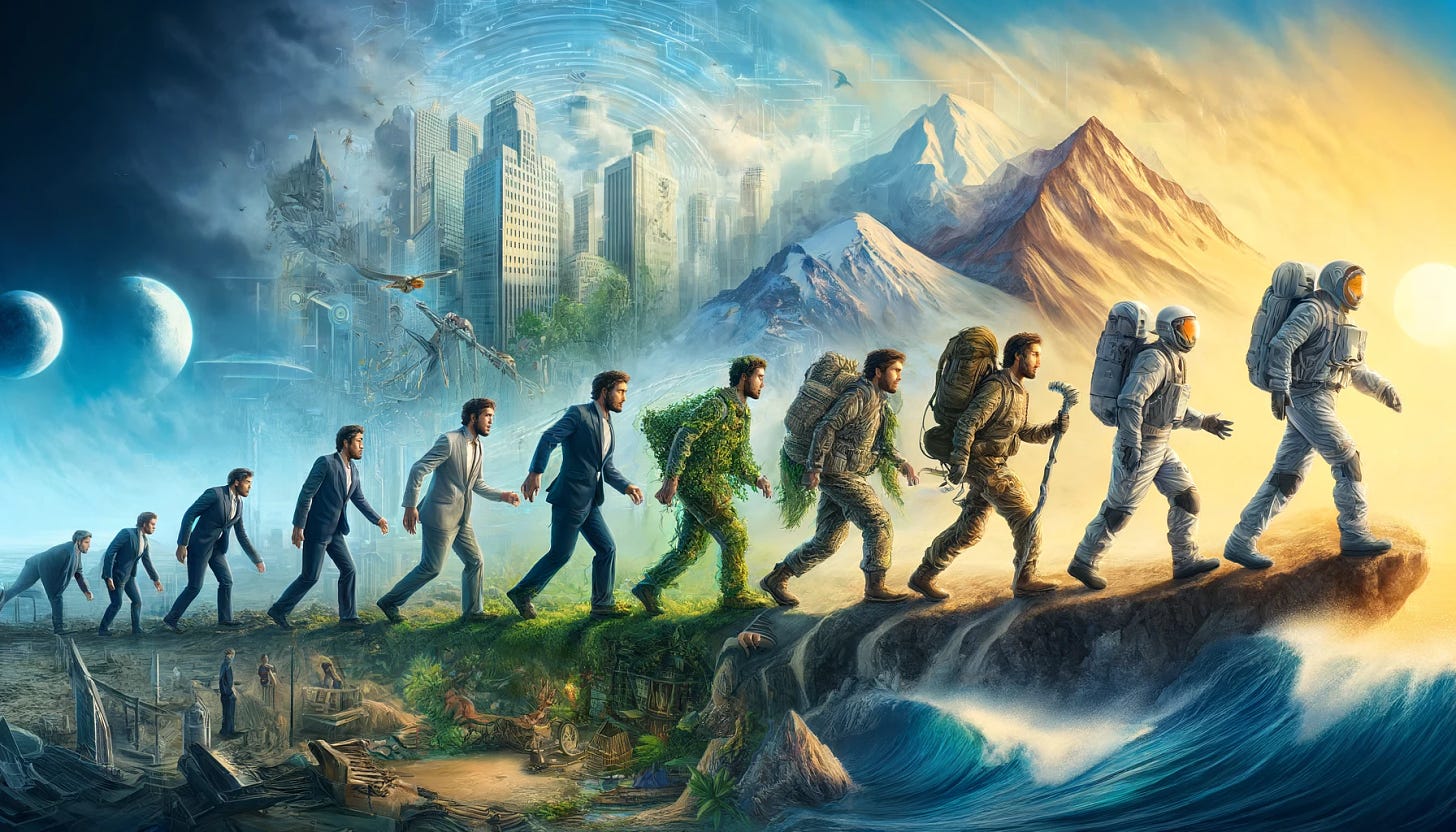 Create an elaborate and vivid image showing a man transitioning through an extended series of environments, each depicting his adaptation to the unique conditions. Starting from the left in a bustling urban setting in business attire, he moves into a dense forest with camouflaged clothing, scales a mountain in climbing gear, ventures through a futuristic digital landscape in high-tech gear, crosses a desert in traditional nomadic attire, sails the high seas in a sailor's outfit, and finally, lands on another planet wearing a space suit. Each environment and the man's transformation should be illustrated in rich detail, highlighting his incredible adaptability and the smooth transition from one scene to the next.