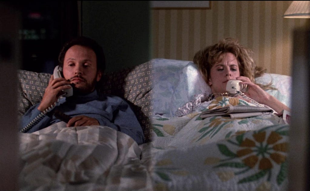 Billy Crystal and Meg Ryan in When Harry Met Sally. A split screen shows Harry and Sally in their respective beds, on the phone with each other.