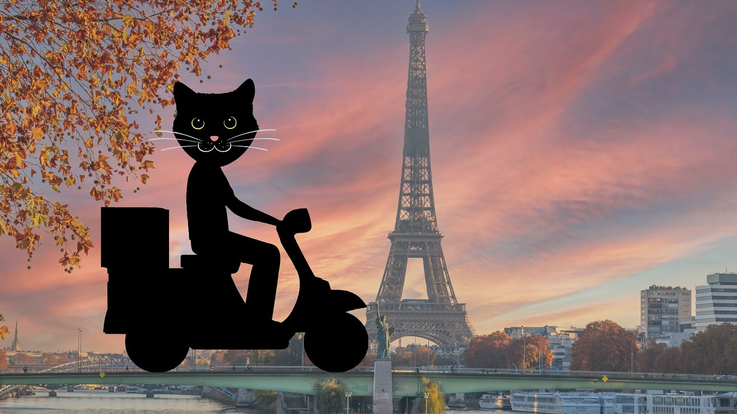 Image of cat riding a scooter in Paris