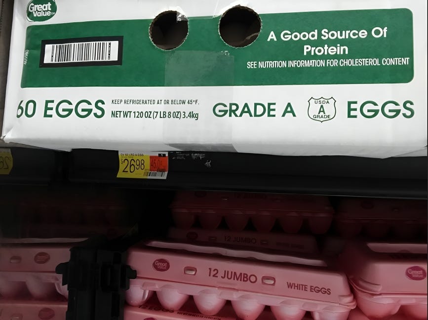 A carton of 60 eggs at Walmart priced at $26.98 in early 2023, highlighting the inflation affecting basic food prices. The packaging states 'Grade A Eggs' and 'A Good Source of Protein,' reflecting the increased cost of living and the impact on everyday grocery shopping.