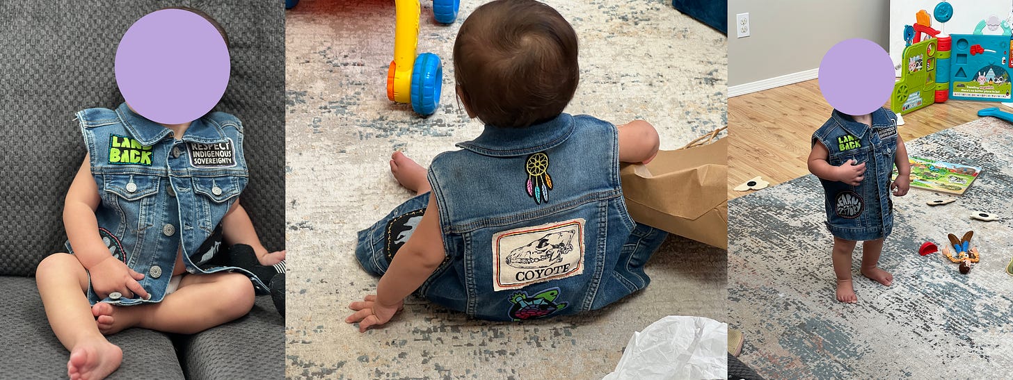 Three photos of a one-year-old wearing a slightly too large denim vest over a diaper. Very infant chic. 