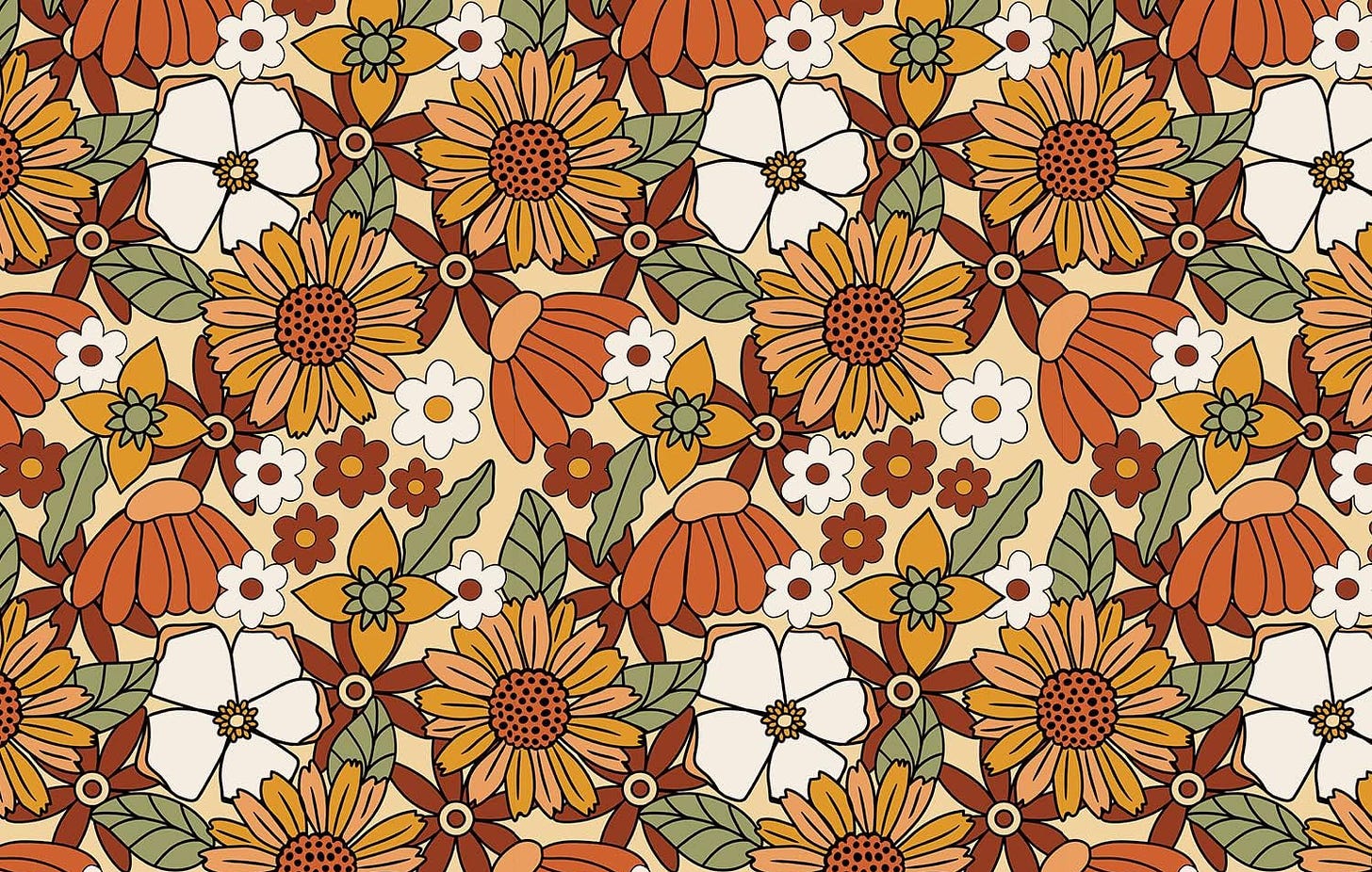 A retro 1970s style floral design of bold flowers in muted shades of orange, brown, peach, yellow and white on a cream background