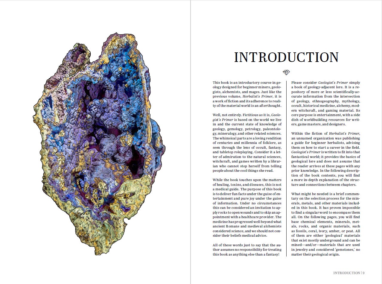 A double-page spread from Geologist's Primer, showing on the left side a complex blue, purple, and gold azurite growth, and on the right, the beginning of the introduction chapter. Mostly disclaimers about how this is not a scientific publication.