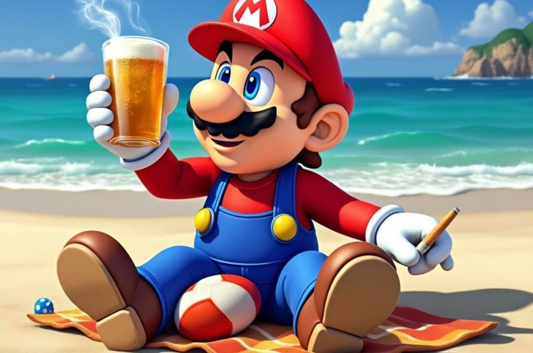 An AI-generated image of Mario holding a beer and a cigarette while sitting on a beach.