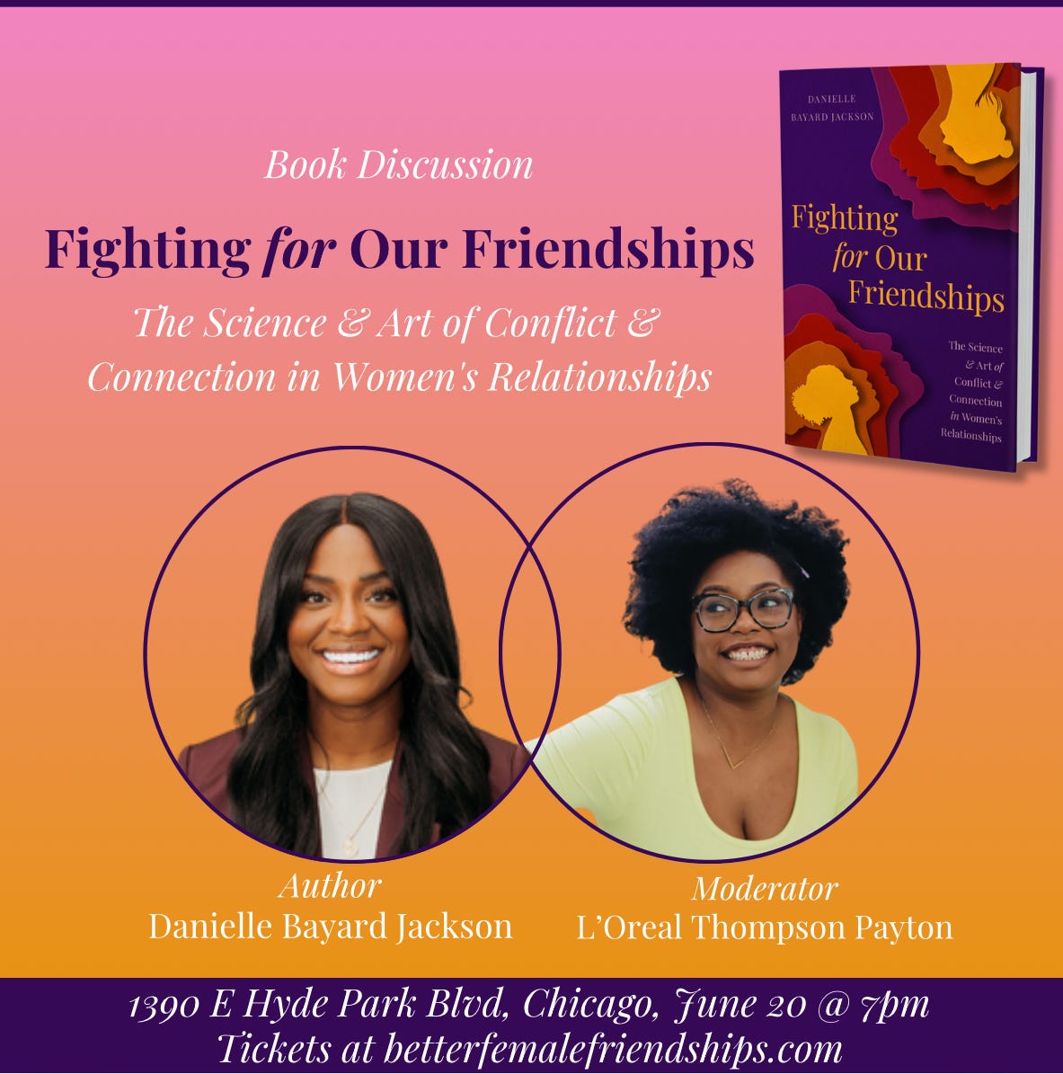 Inforgraphic promoting book discussion. Features pictures of two Black women and cover of Fighting for Our Friendships