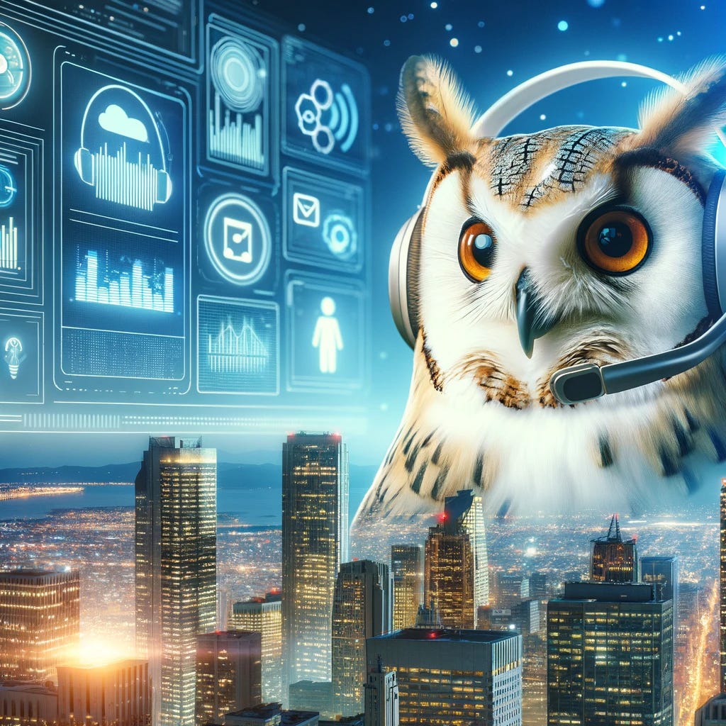 A futuristic cityscape with a wise owl wearing glasses and a headset, symbolizing leadership and vision in technology. Skyscrapers with glowing screens and holograms display advanced software and tech developments.